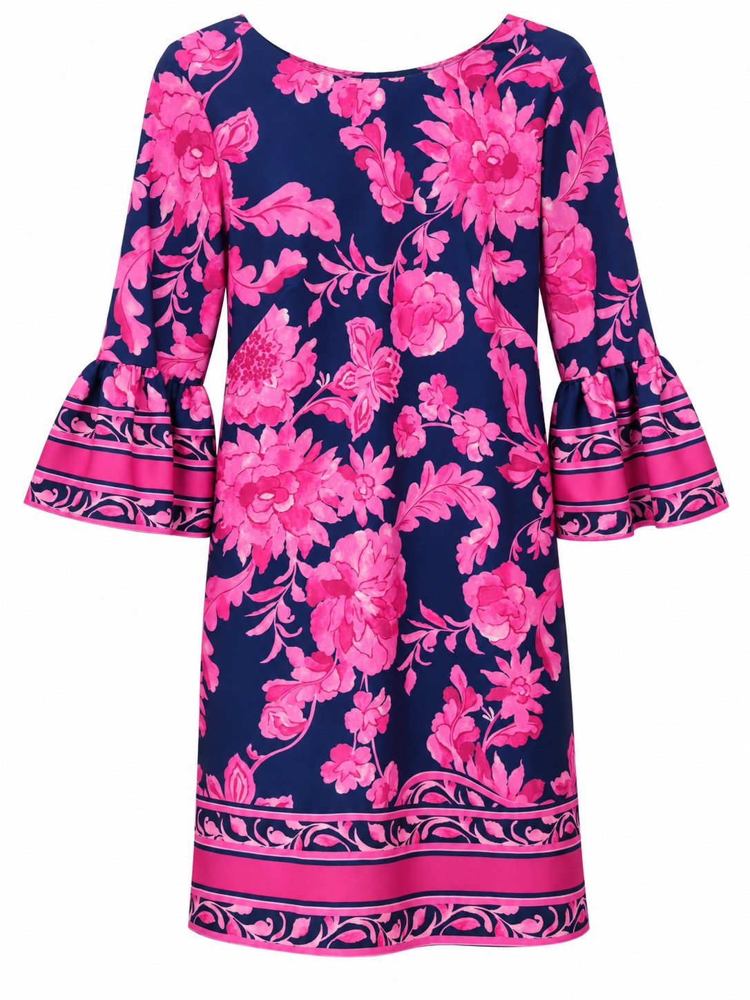 Vestido azul marino floral con bordes estampados y puños de volante — Azul marino y rosa floral