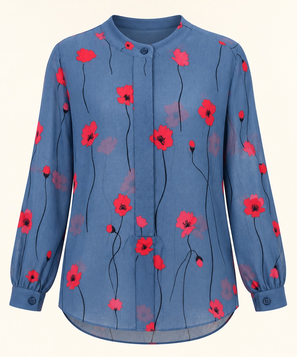 Blusa azul con amapolas coral