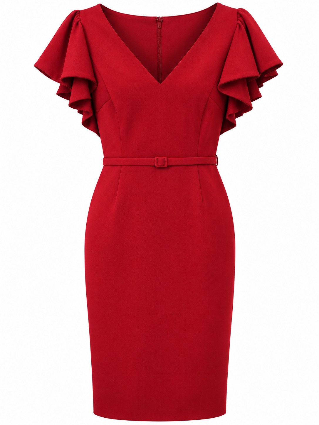 Vestido rojo con mangas de volante y cinturón — Rojo