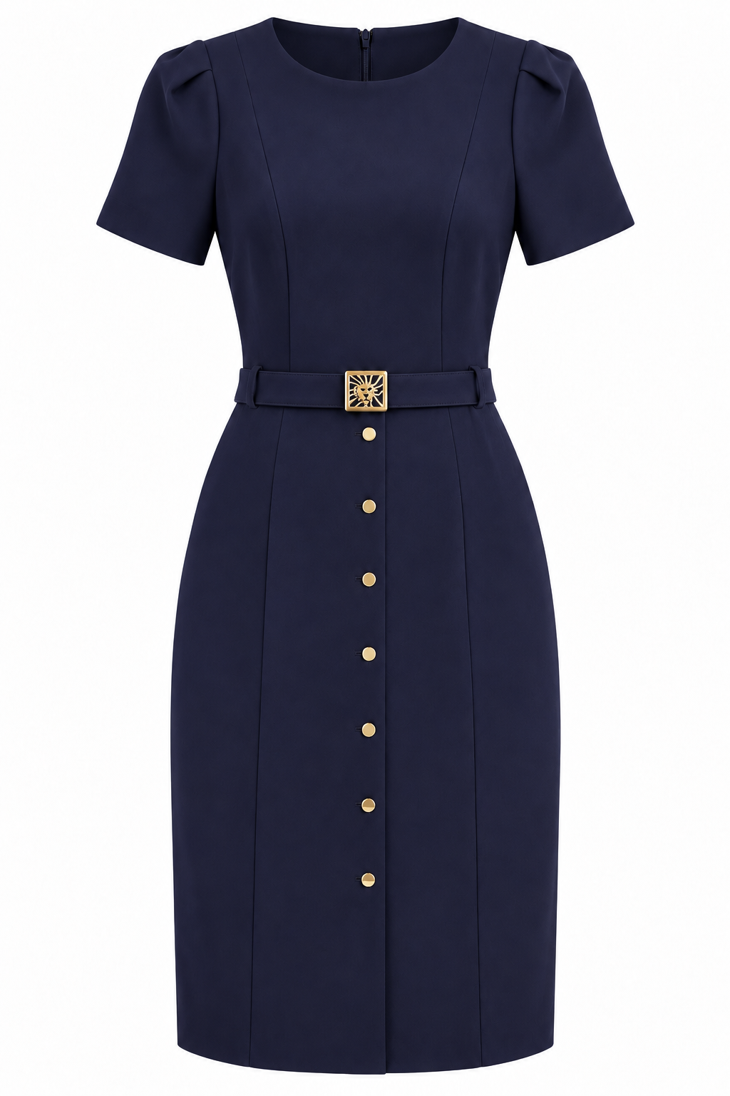 Vestido azul marino con cinturón y botones dorados