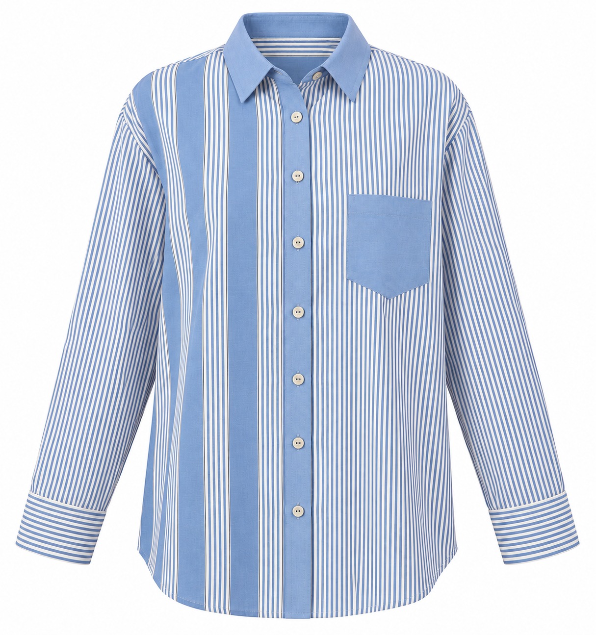 Camisa azul de rayas combinadas con bolsillo