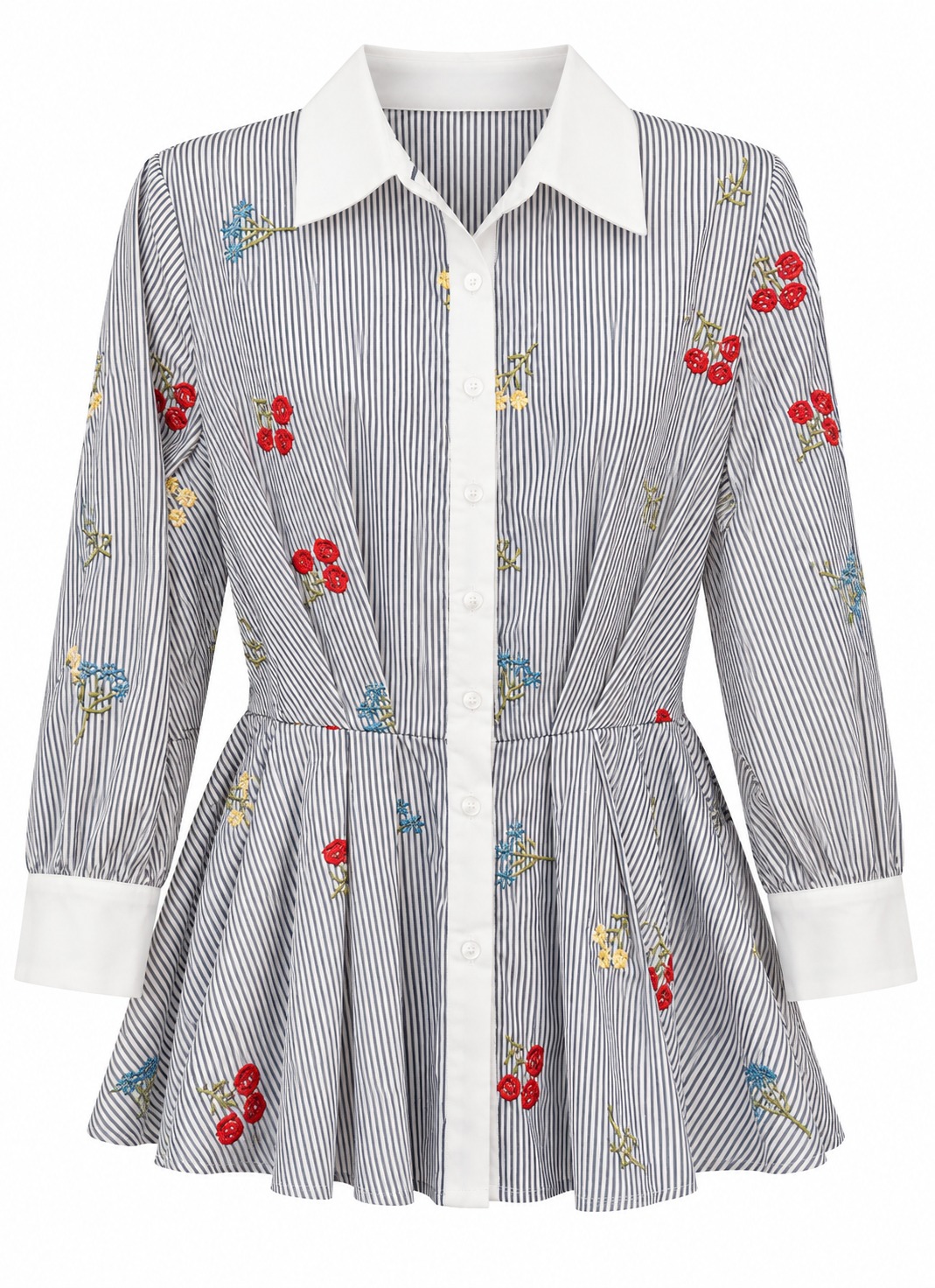 Camisa a rayas con bordado y bajo peplum