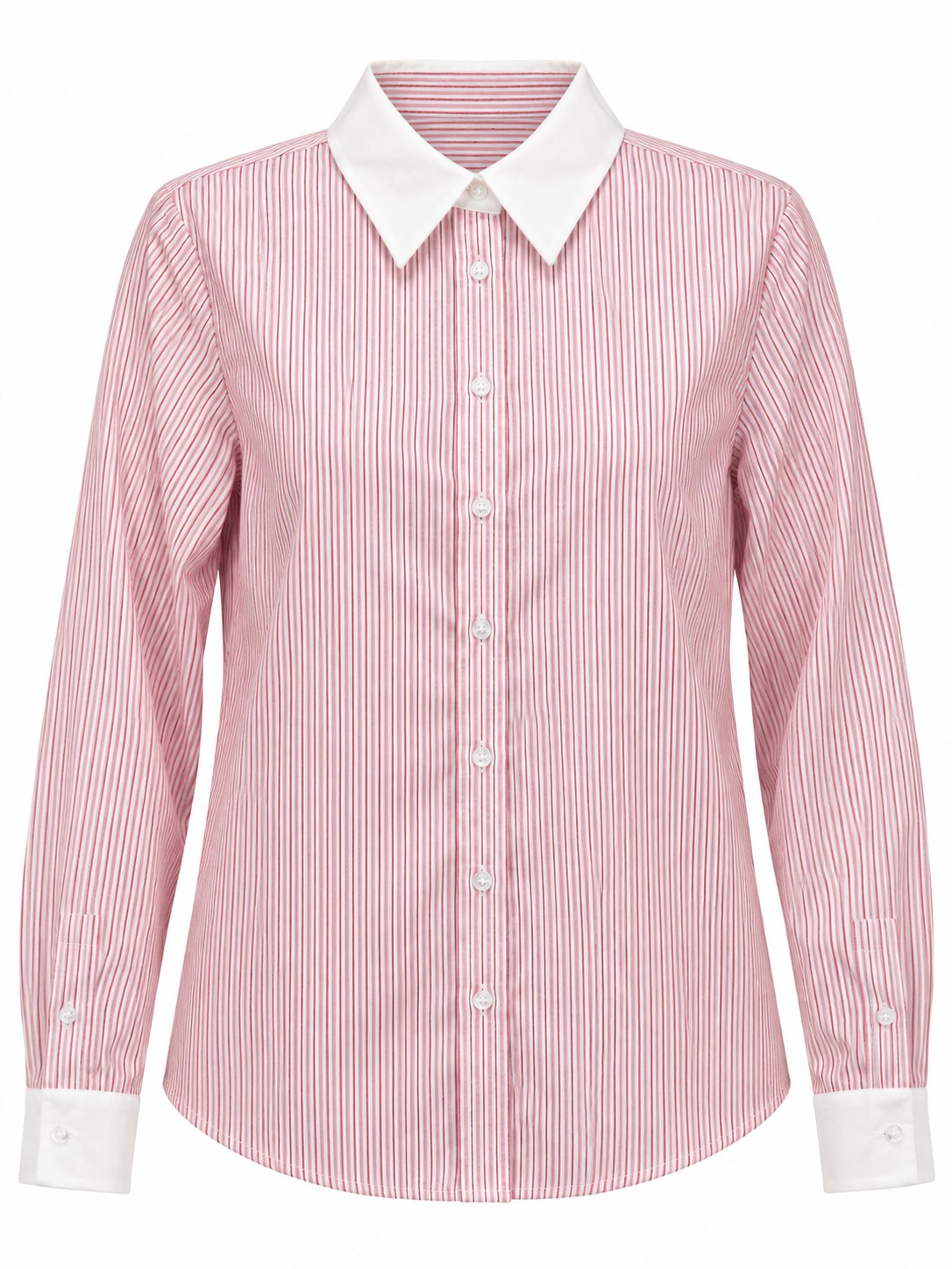 Camisa rosa de rayas finas con cuello blanco