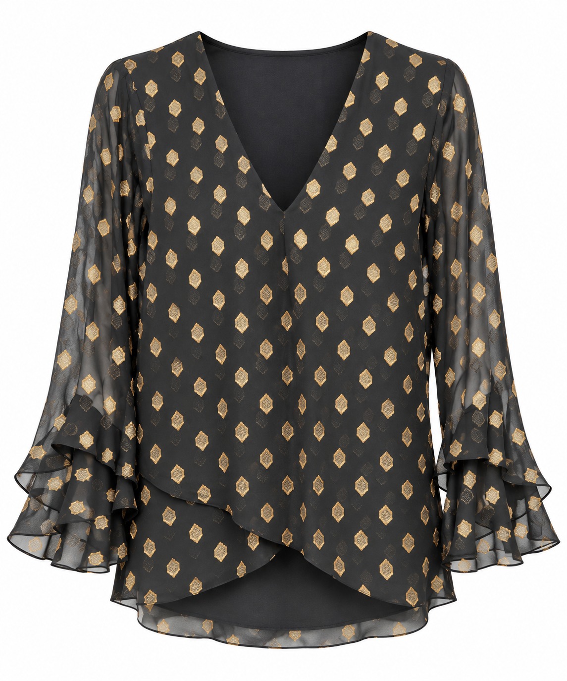 Blusa negra de medallones dorados y puños de volantes