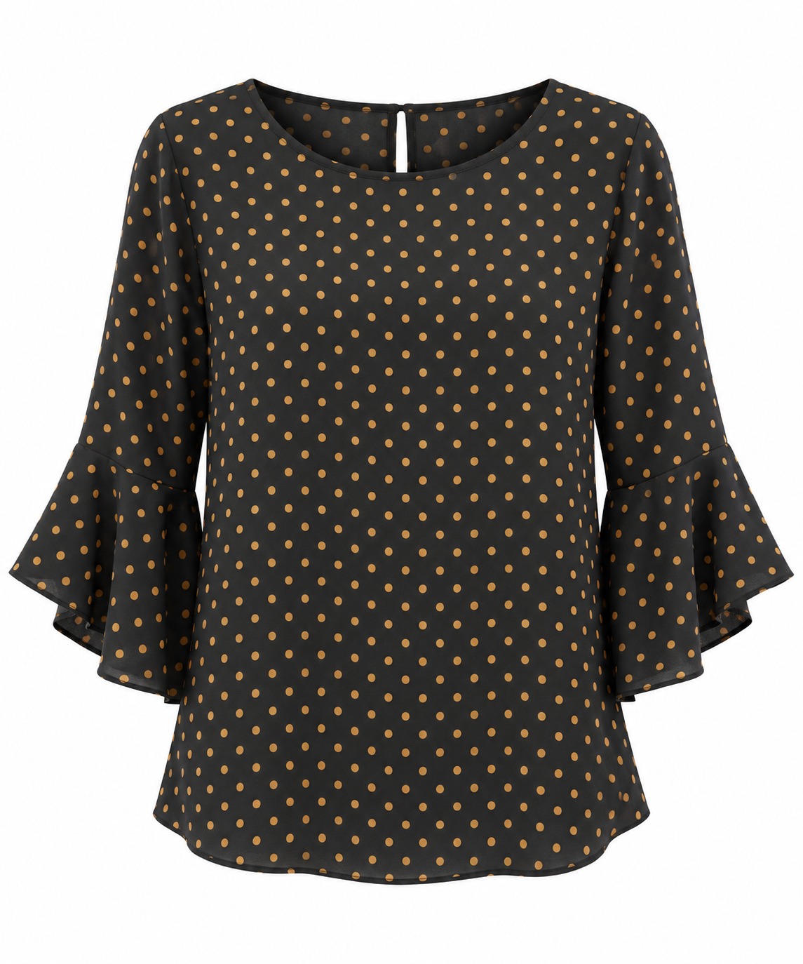 Blusa negra de lunares dorados y mangas acampanadas
