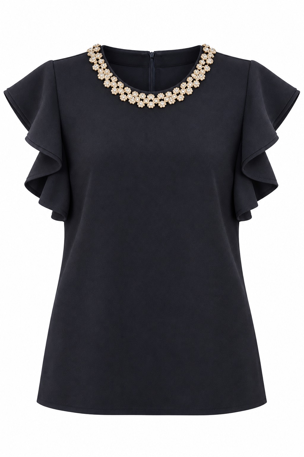 Blusa negra de mangas con volantes y cuello de flores