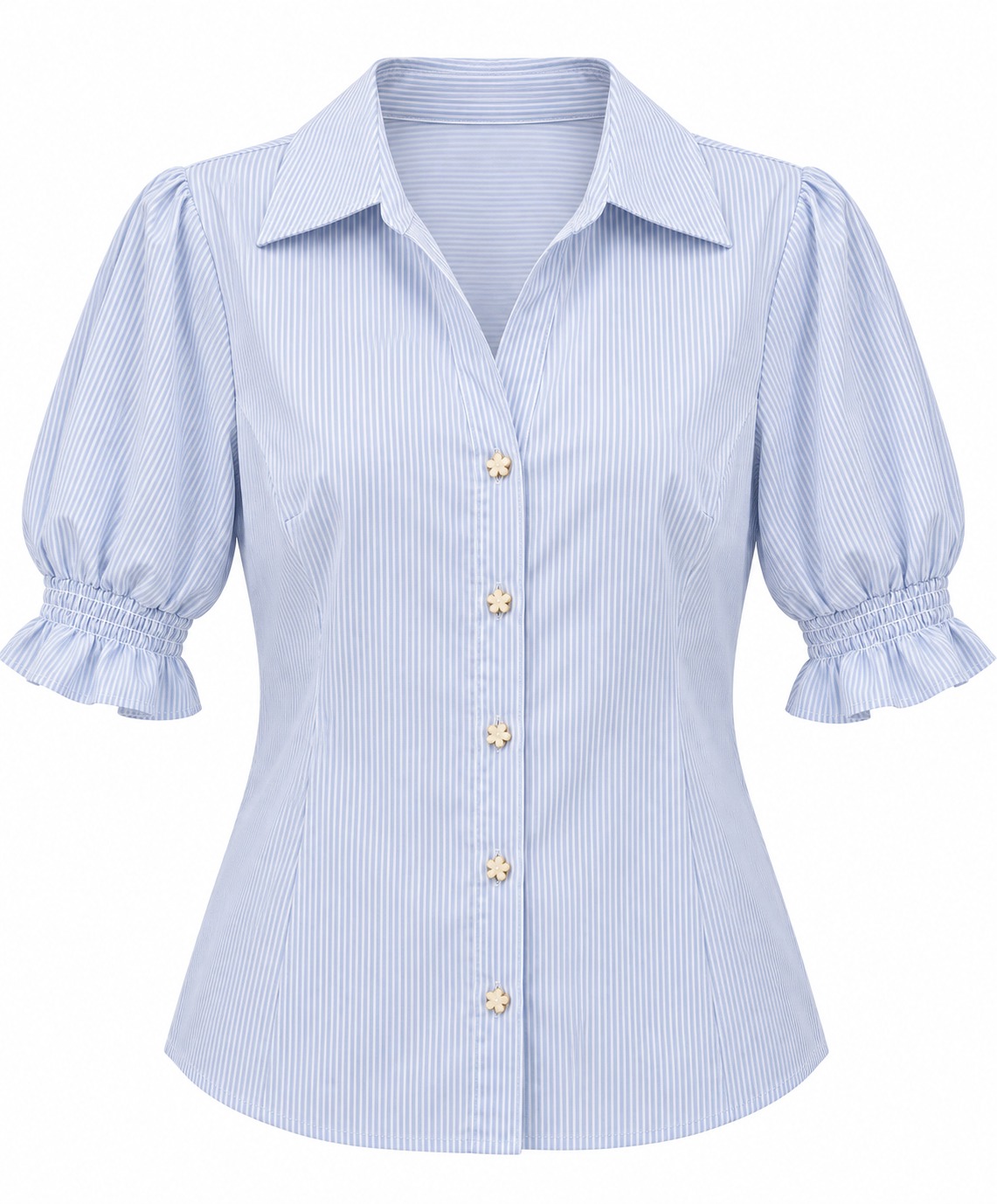 Camisa celeste de rayas y puños fruncidos