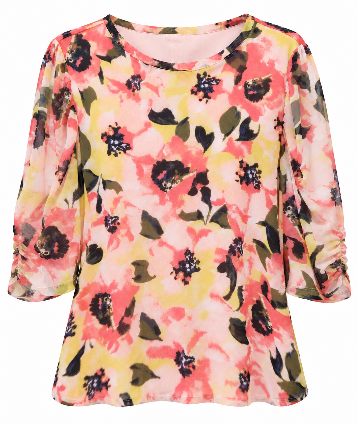 Blusa floral con mangas transparentes y fruncido lateral