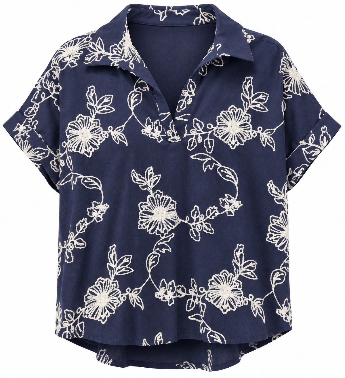 Blusa bordada con cuello y puños doblados