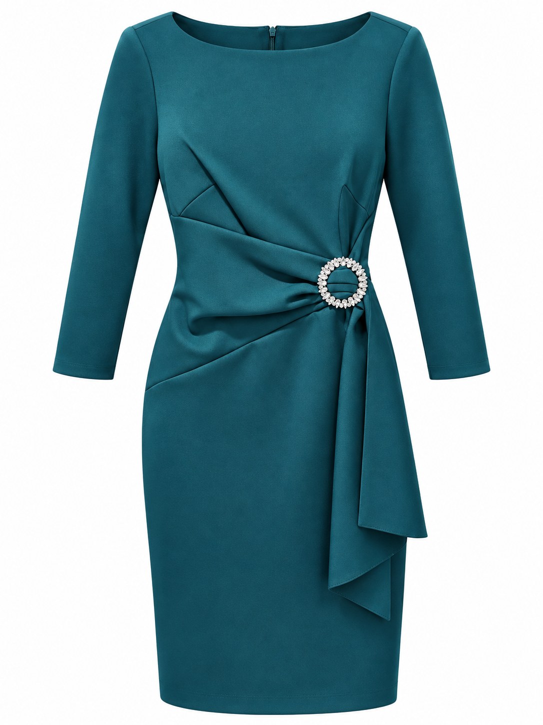 Vestido azul petróleo con drapeado y anilla de cristales — Azul petróleo