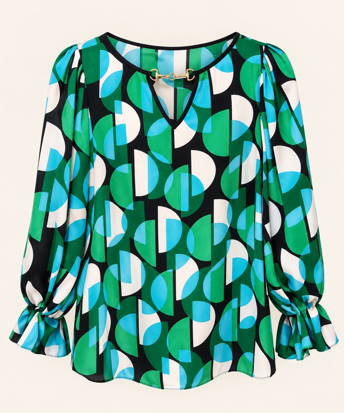 Blusa geométrica verde y turquesa