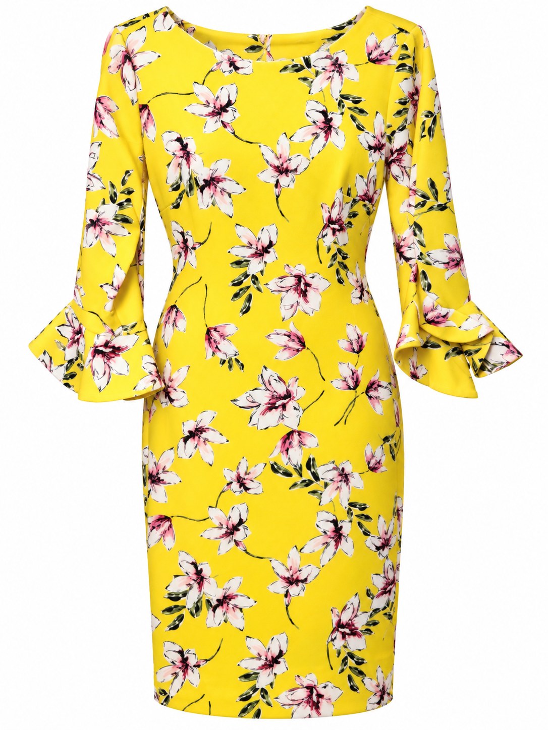 Vestido amarillo floral con puños de pétalo — Amarillo rosa y blanco floral