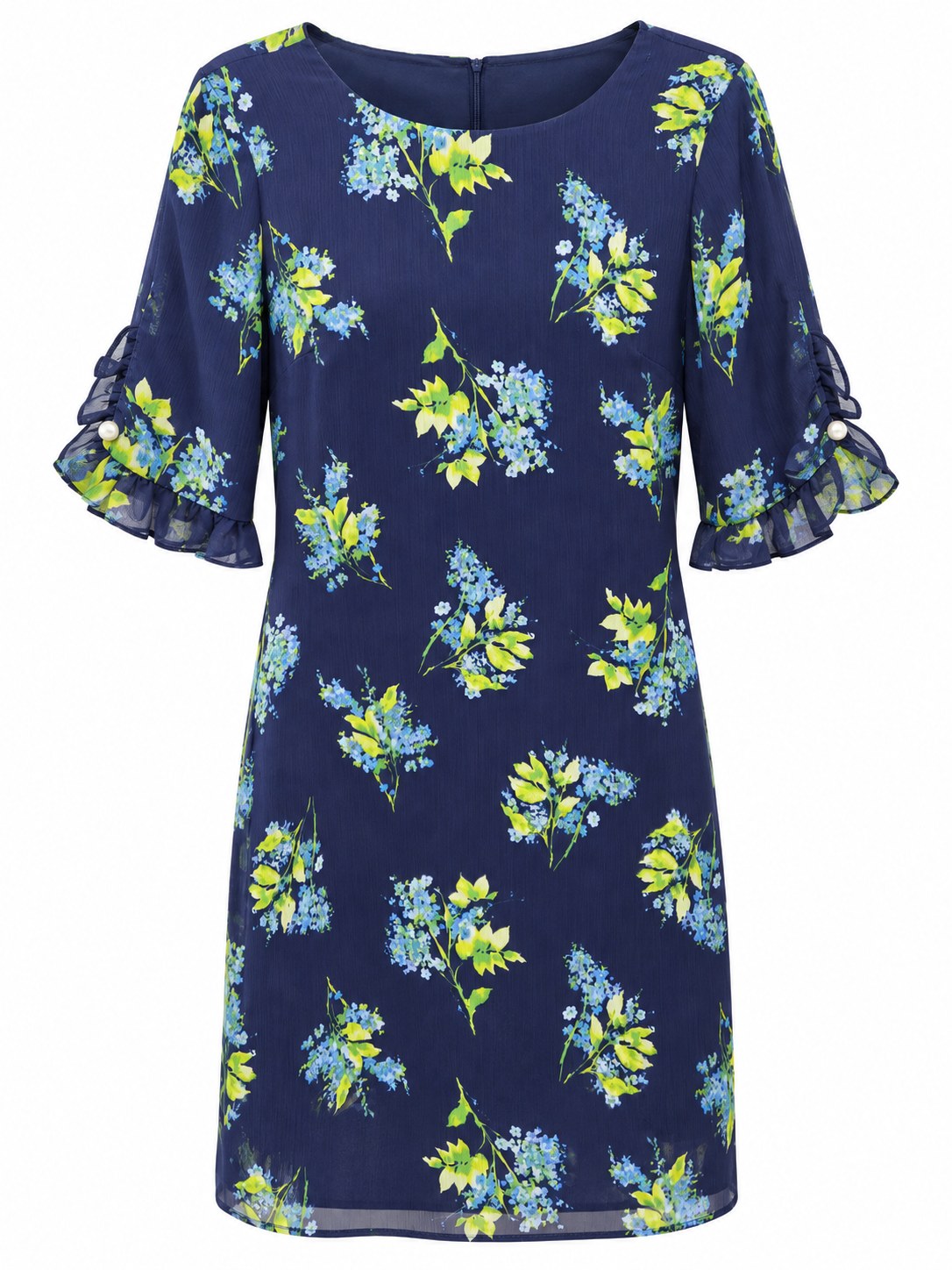 Vestido azul marino floral con puños de volante y perlas — Azul marino floral
