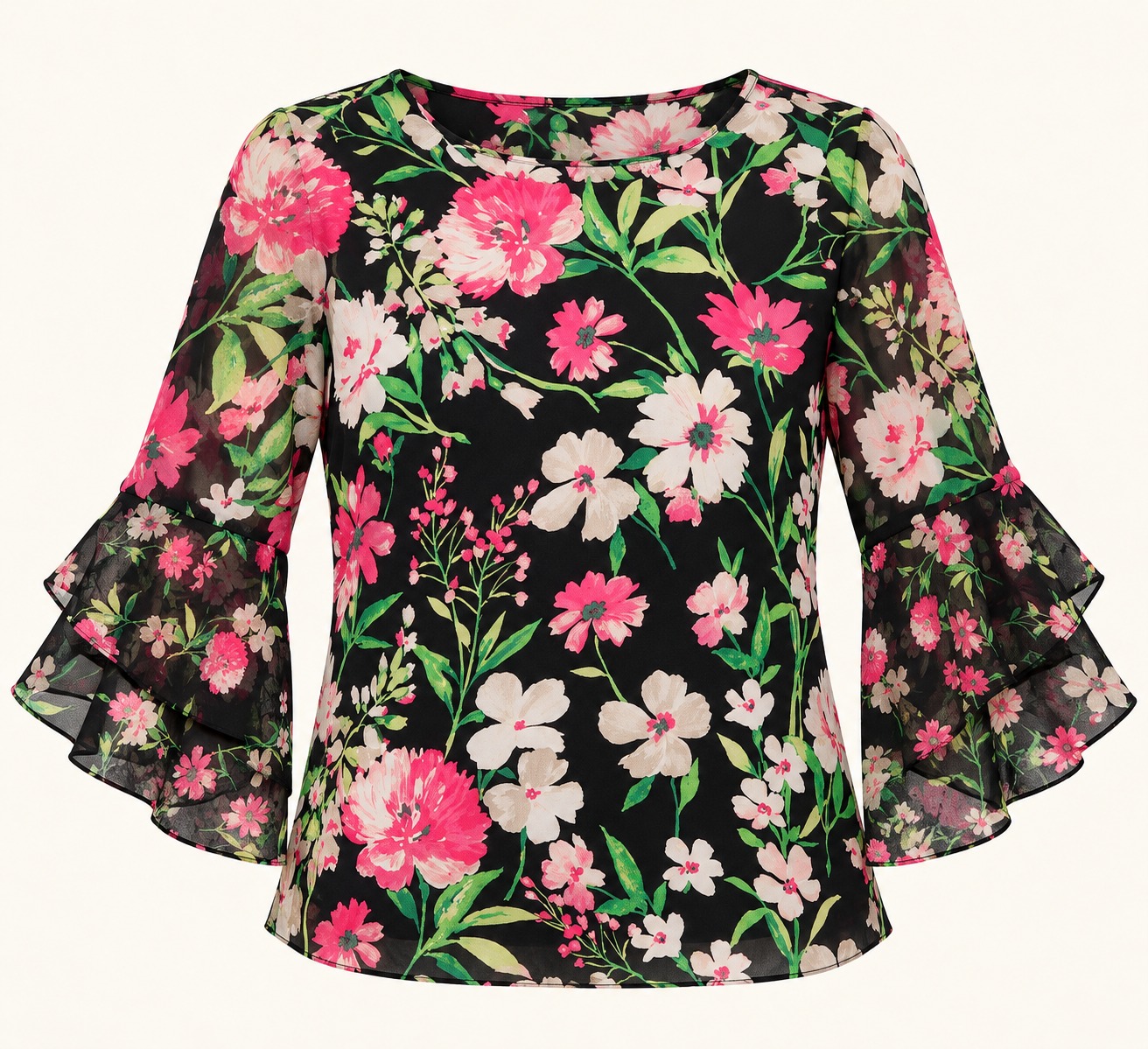 Blusa floral rosa y verde con volantes