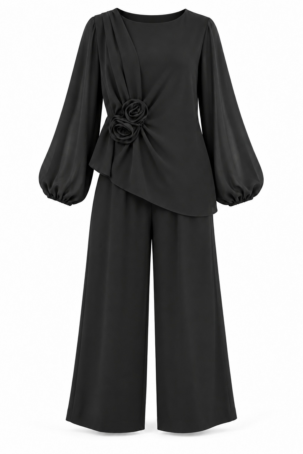 Conjunto con dos flores laterales y bajo asimétrico — Negro