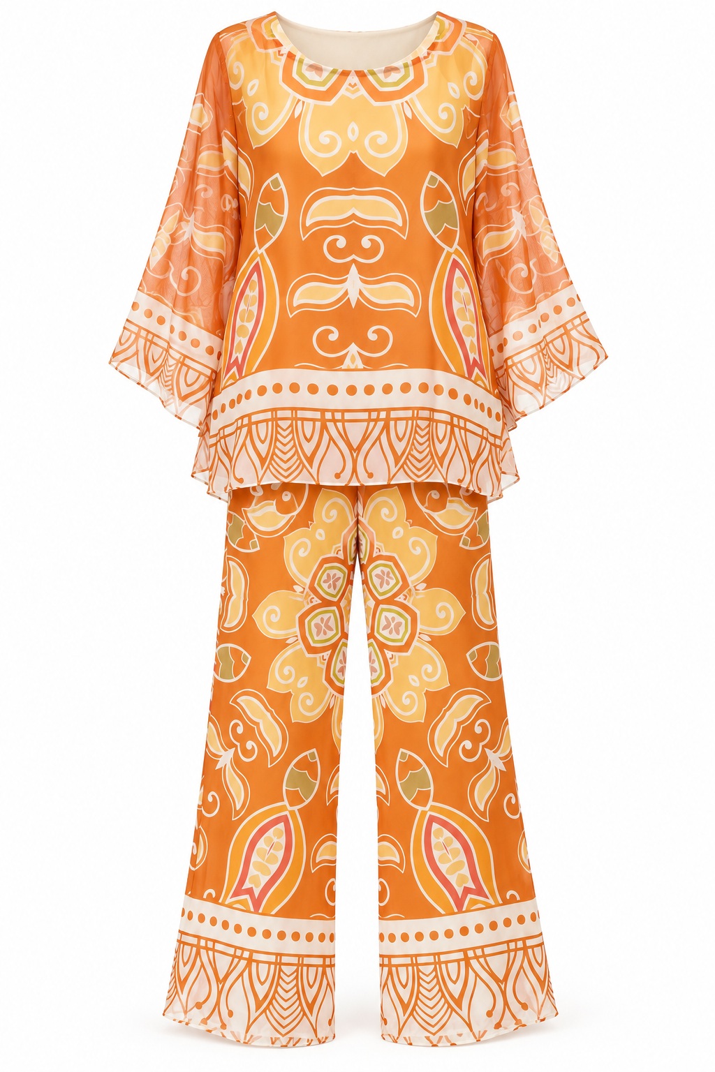 Conjunto de blusa y pantalón paisley naranja