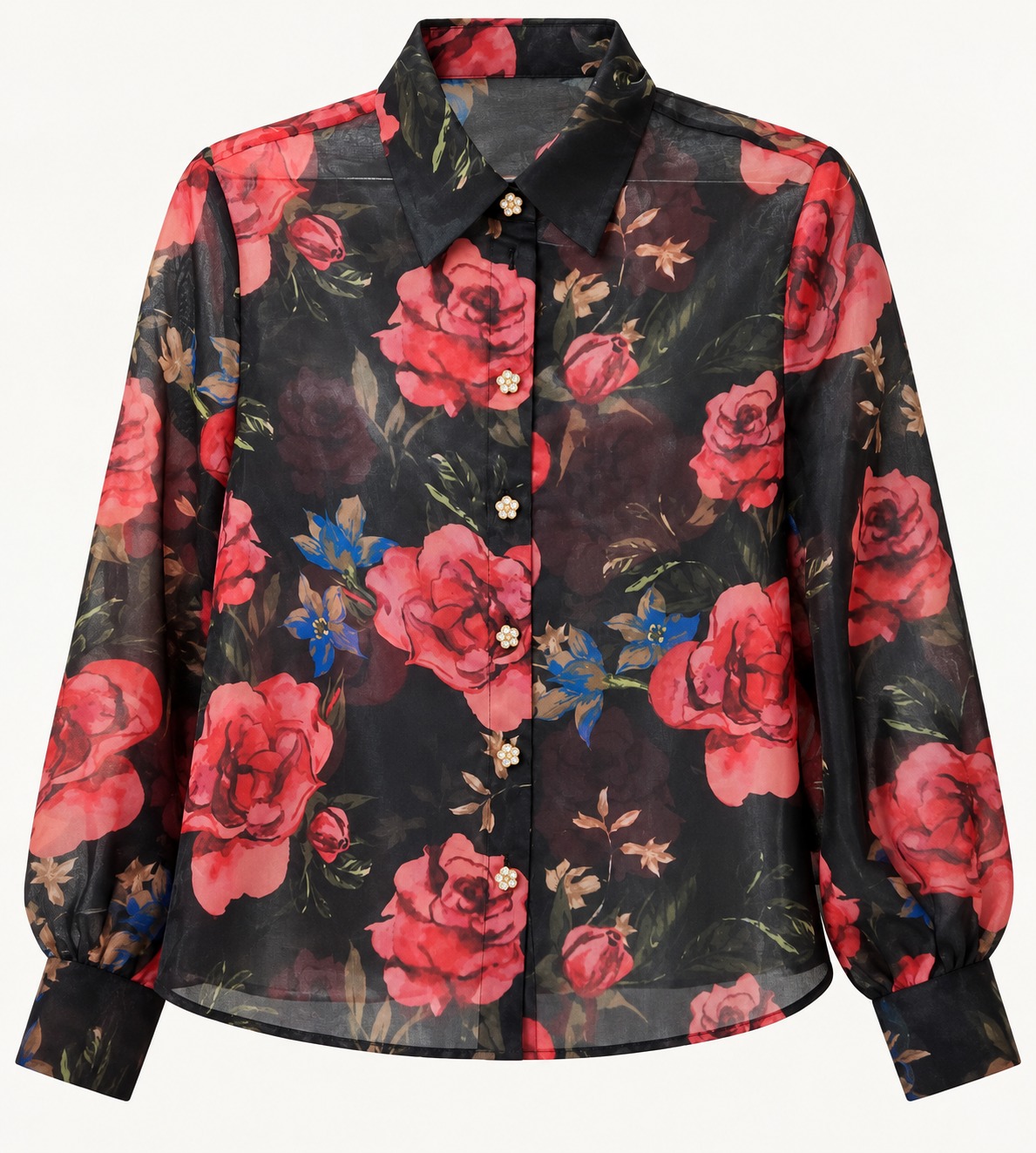 Camisa negra de rosas con botones florales