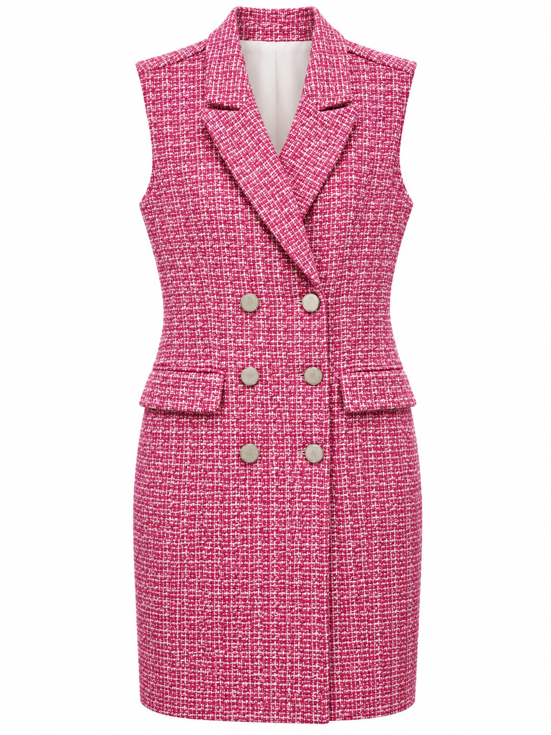 Vestido rosa de tweed sin mangas con botones plateados — Rosa y blanco
