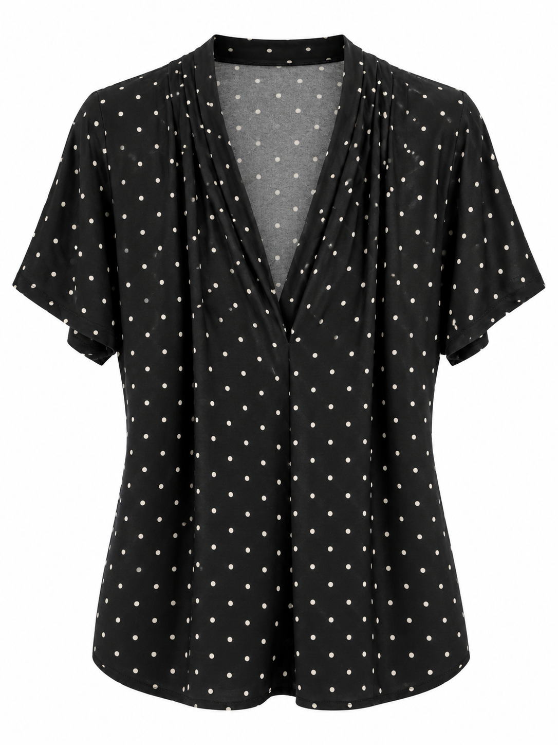 Blusa negra de lunares con escote drapeado — Negro y blanco