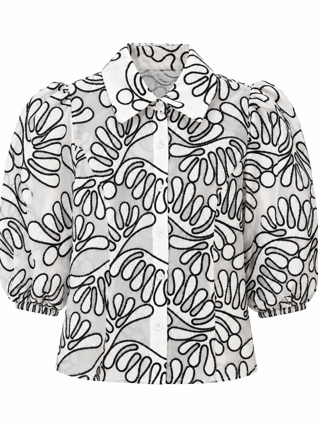 Camisa bordada de hojas negras — Negro y blanco