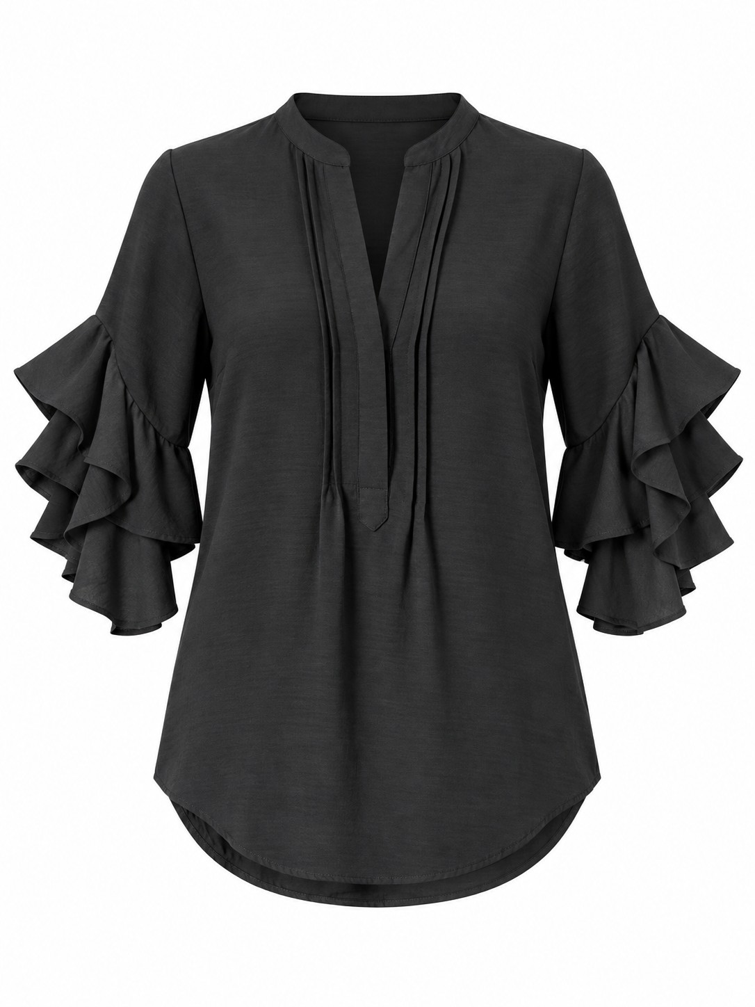 Blusa negra de mangas con volantes — Negro