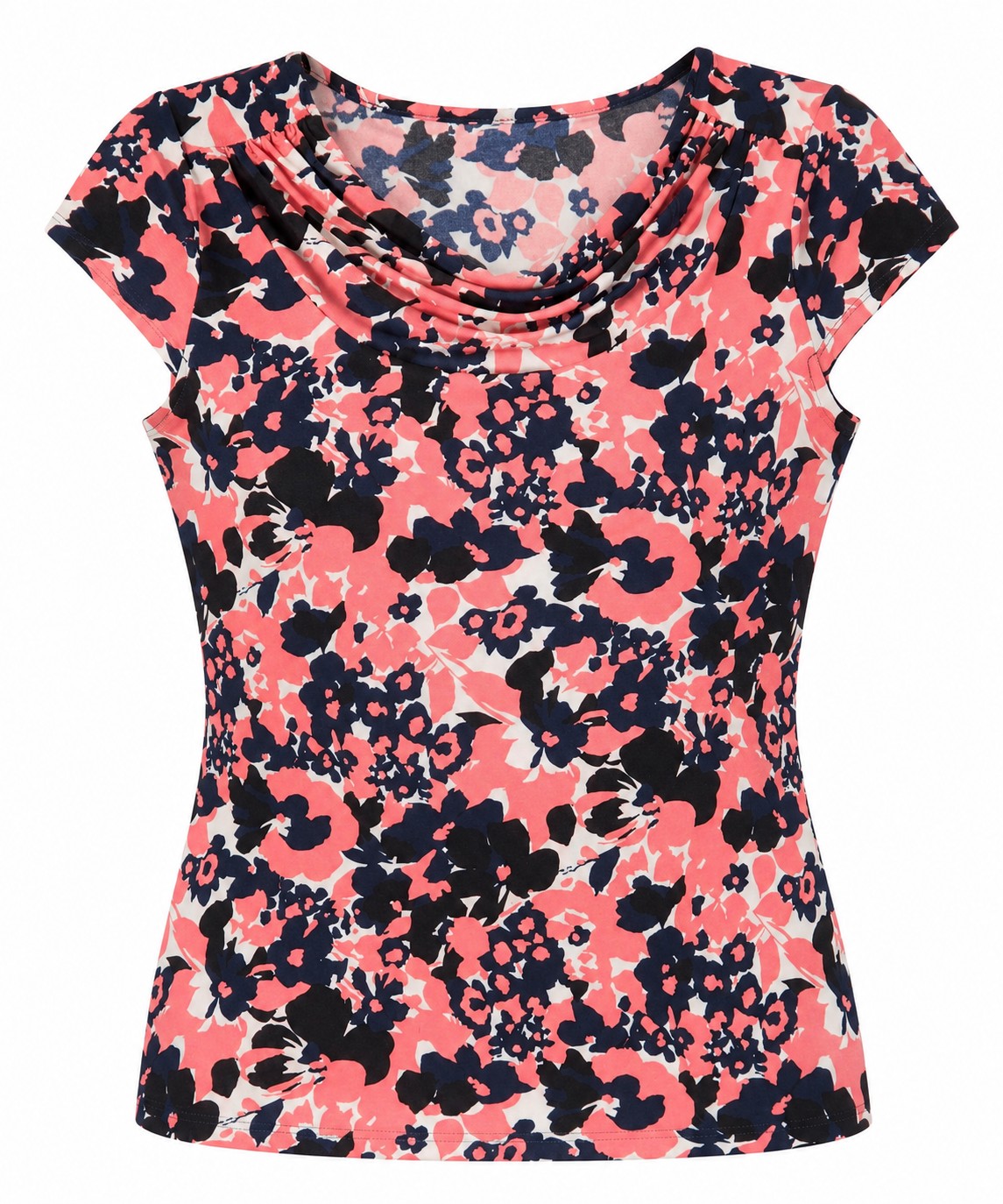 Blusa floral coral con cuello drapeado — Coral floral
