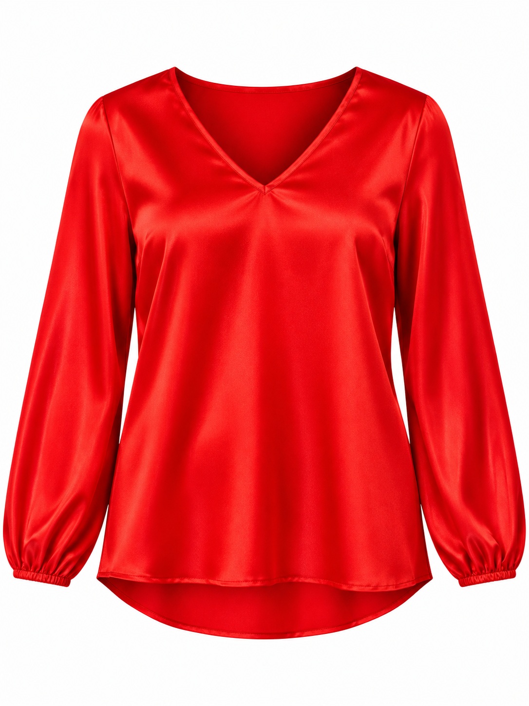 Blusa satinada roja de cuello V — Rojo