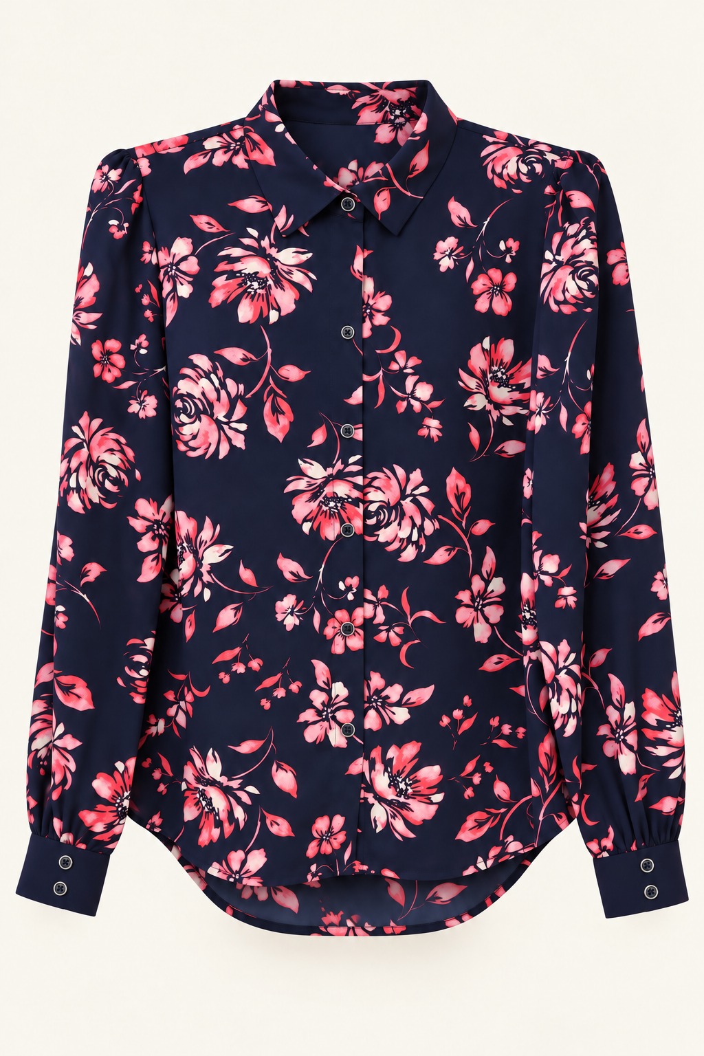 Camisa azul marino de flores rosas