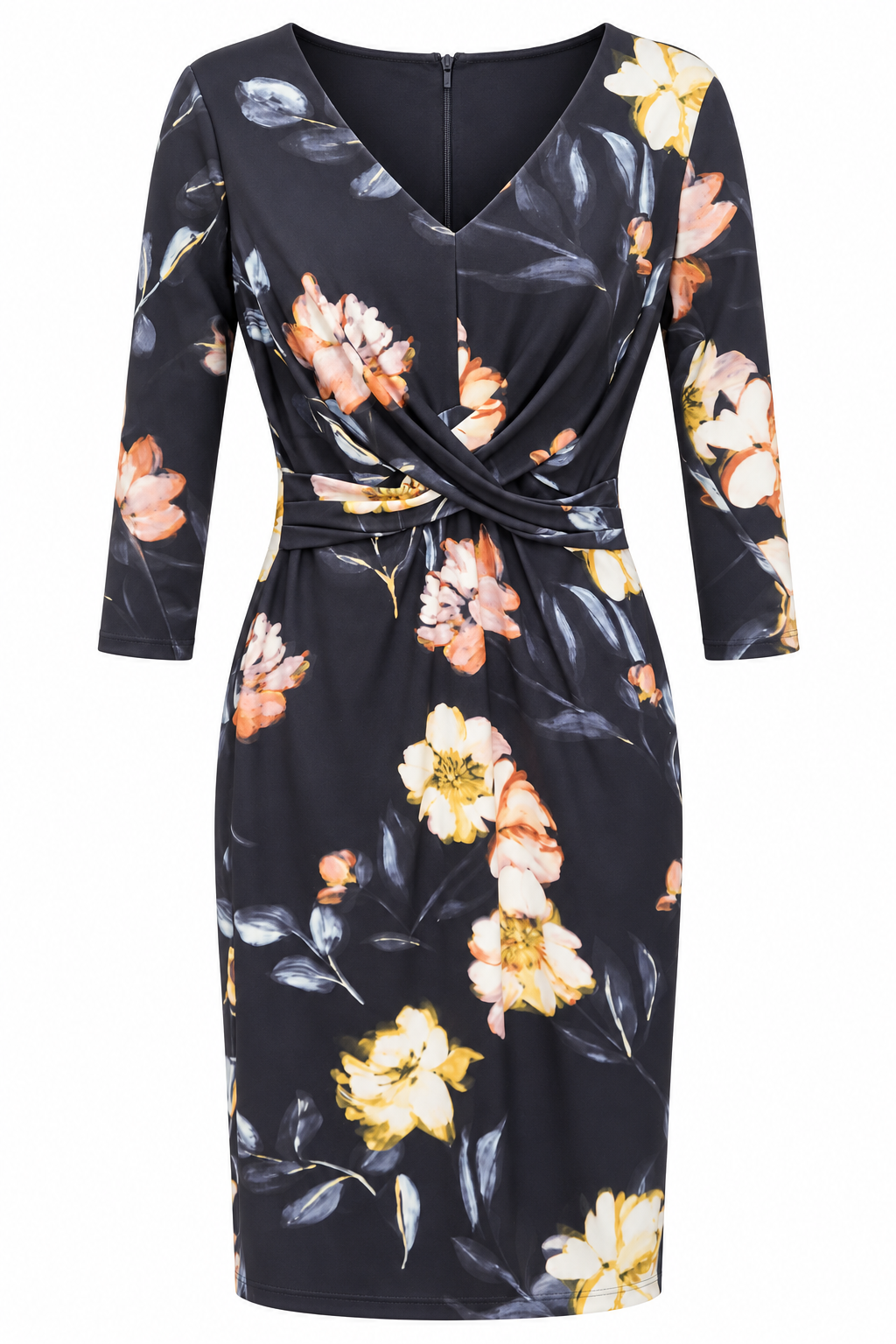 Vestido floral oscuro de escote en V y cintura torcida — Azul marino y durazno floral