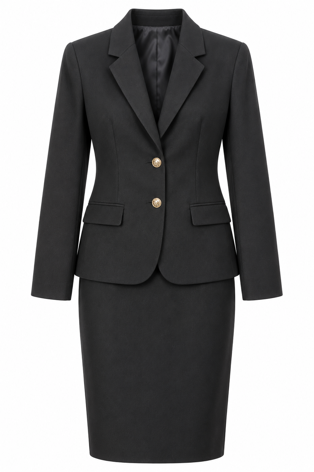 Conjunto negro de chaqueta con dos botones dorados y falda — Negro