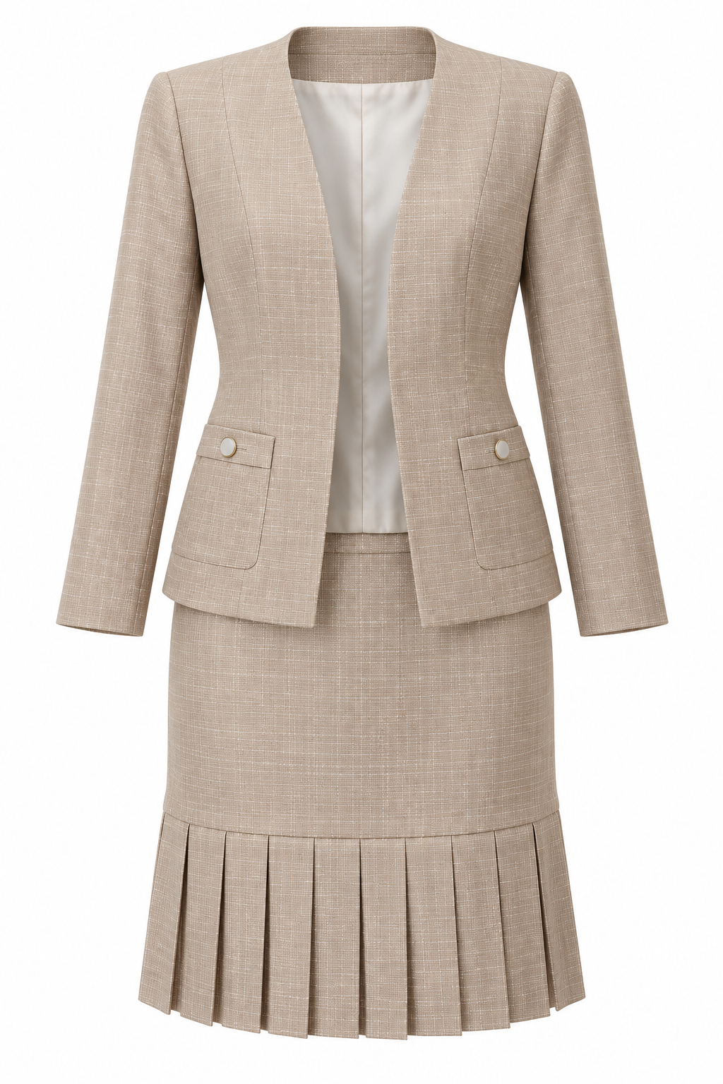 Conjunto beige de microcuadros con falda de bajo plisado — Beige